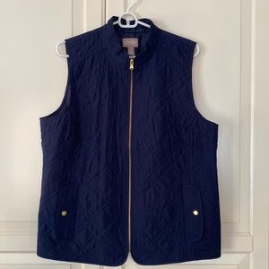 Chicos navy blue women’s vest, gold, zipper, and buttons Chico’s size 2